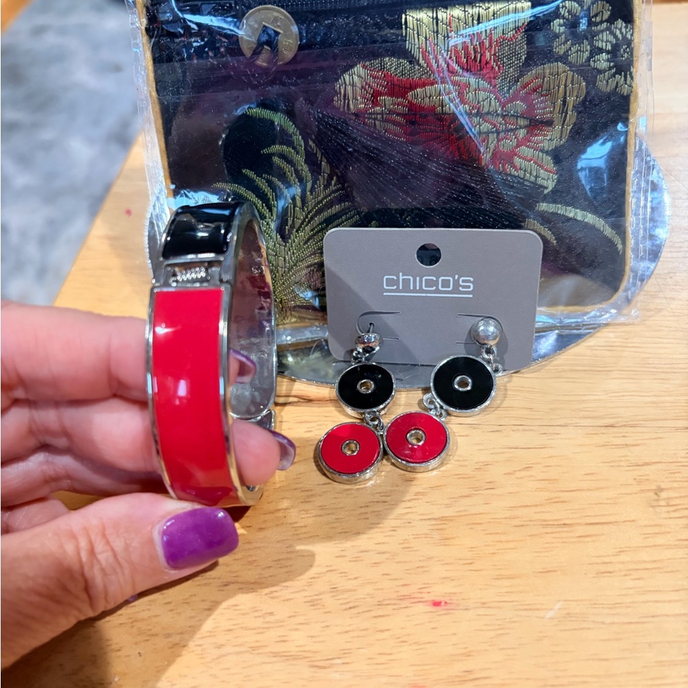 CHICO’s NWT red/black enamel bracelet and earrings.